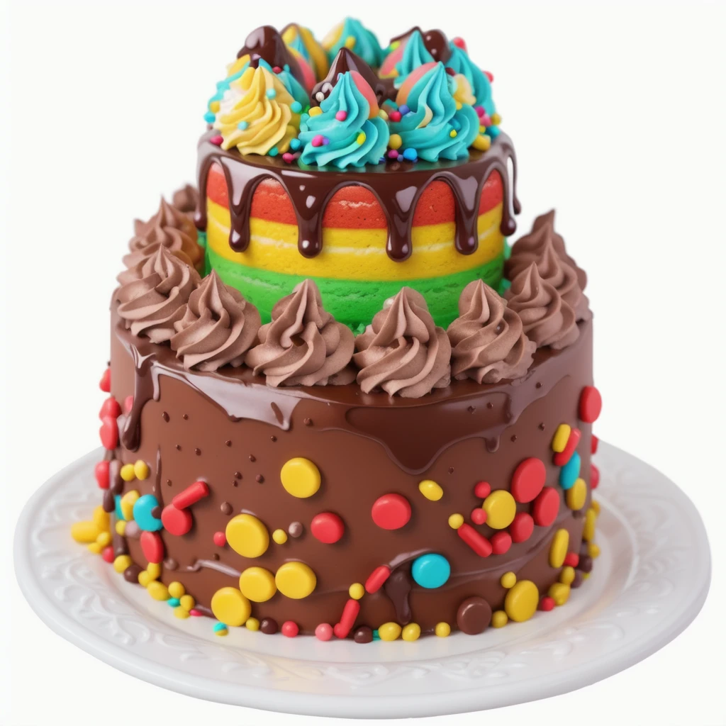 on the white background, on a porcelain plate, a chocolate two-layer cream cake, decorated with sprinkles on the bottom, chocolate cream swirls on the first layer, the second cream layer multi-colored, chocolate ganache on the second layer, multi-colored swirls with sprinkles on top, realistic texture, realistic style, detailed texture, high quality, high resolution, high quality rendering, realistic photo, brightning light, macro photo, ultra hd 4k