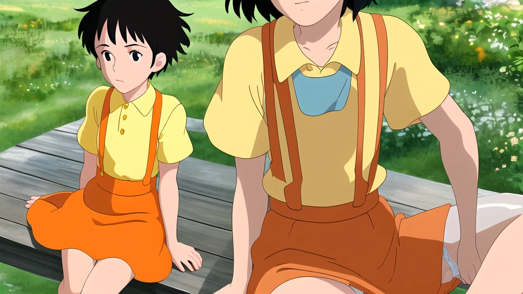 (Supremely realistic) Outdoor,  satsuki,One girl, Black Hair, short hair, black eye,  Yellow Shirt,Short sleeve, suspenders, Orange Skirt, Ghibli style,　sit,　Spread your legs, Crotch close-up, underwear, Translucent slip, Flip up the skirt