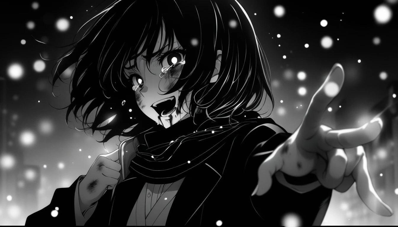 masterpiece, best quality, 1girl, clamp \(circle\) official art, misaki kurehito official art, grayscale, manga style, japanese, chi no wadachi, black eyes, glowing white pupils, street, iced, black hair, schoolbag, smile, crying, tears, tears streaming, blood, blood_from_mouth, bruise, nosebleed, lineart, face against the ground, looking at viewer, blood on face, black coat, black scarf, 35 years old, mature_female:1, tall, fair skinned, bokeh background, streaming, bob cut, light particles, centered, snowing, emotional anime scene, (very aesthetic, best quality, ultra detailed), intricate details, red and blue lights flashing, camera glare, finger_gun, pointing at viewer
