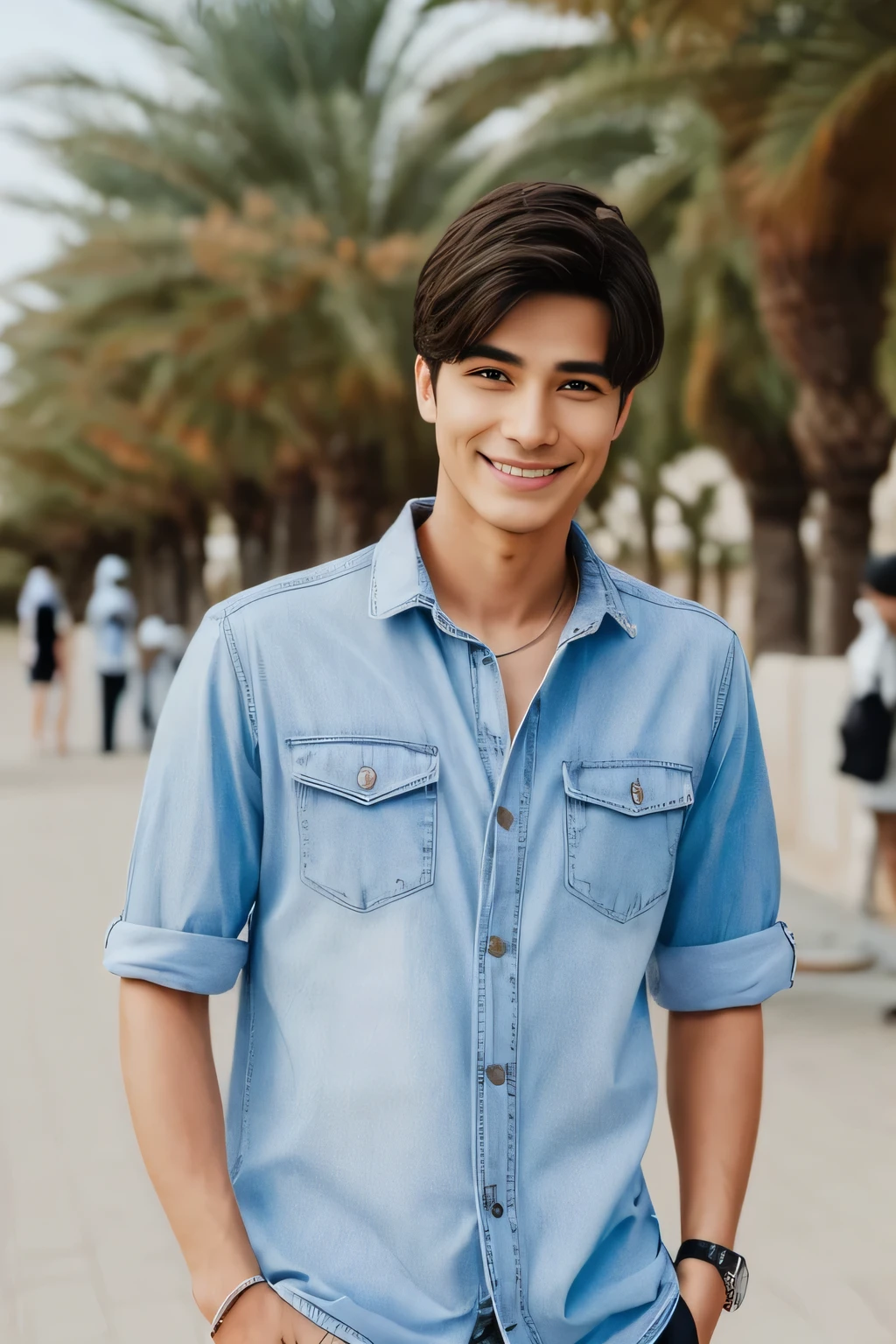 Age 25々Cool guy、What it's like to be a model、Chic and casual clothing、Delicate face、good looking、The hair color is brown、Brown eyes、Daytime on a sunny day、Cool standing figure、The scenery in the background is a cityscape、Live-action shooting style、high quality 8k、Bright smile、Like a model、Dubai'Beautiful cityscape、