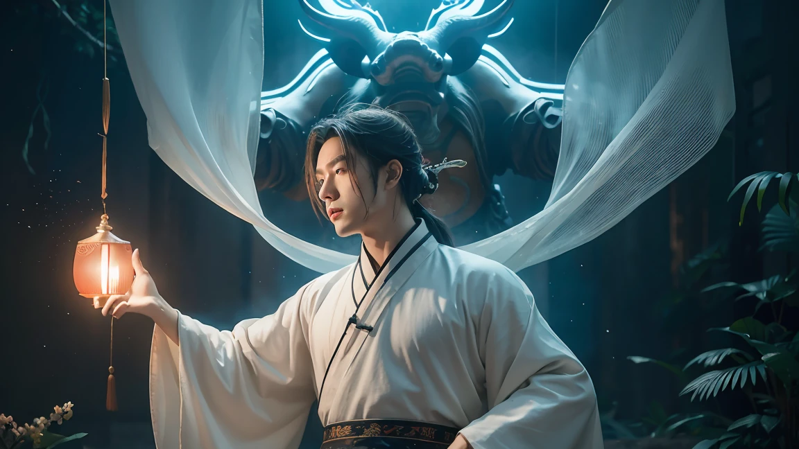 (masterpiece), (Best quality), Cinema quality,Rendered by Octane,extreme detailed details,1 boy,Cool action,Wearing Chinese Hanfu,(Ancient China Formation:1.2),Energy surrounds,Light particle fluid,Fairy air,Luminous magic circle,Summon Ancient Beast,(There is a huge rhino behind him:1.5)