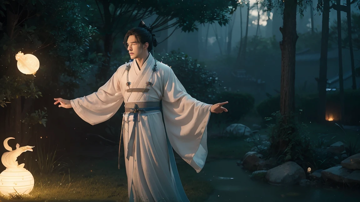 (masterpiece), (Best quality), Cinema quality，Rendered by Octane，extreme detailed details，1 boy,Cool action，Wearing Chinese Hanfu，(Ancient China Formation:1.2),Energy surrounds，Light particle fluid，Fairy air，Luminous magic circle，Summon Ancient Beast，（There is a huge rhino behind him：1.5）