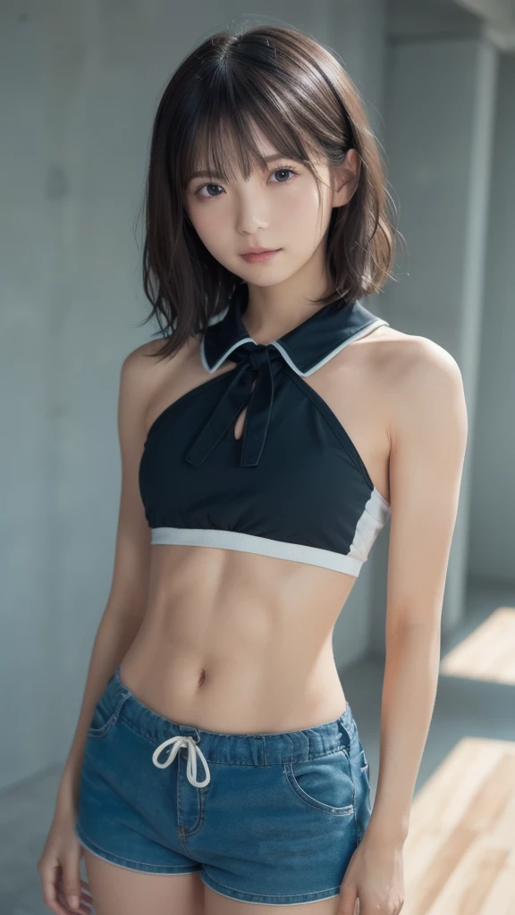 ((Medium Chest, Tomboy, Small Head)), (cut abs: 1.1), (Perfect body: 1.1), (Short Wavy Hair: 1.2), Auburn Hair, collar, Lock, whole body, Good results , Sweat, Femboy, erase ((Shorts)), (Very detailed CG 8K 壁紙), (Very delicate and beautiful), (masterpiece), (Highest quality: 1.0), (ultra High resolution: 1.0), Beautiful lighting, Perfect Lightning, Realistic Shadows, [High resolution], Detailed skin, Very detailed (((colorful)))