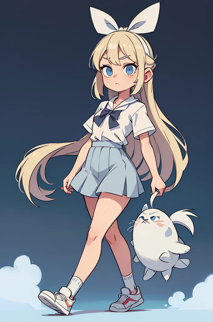 A girl with long blond tied hair. Light blue eyes. White T-shirt, gray skirt. A dark gray bow is tied around the neck. White socks and gray sneakers