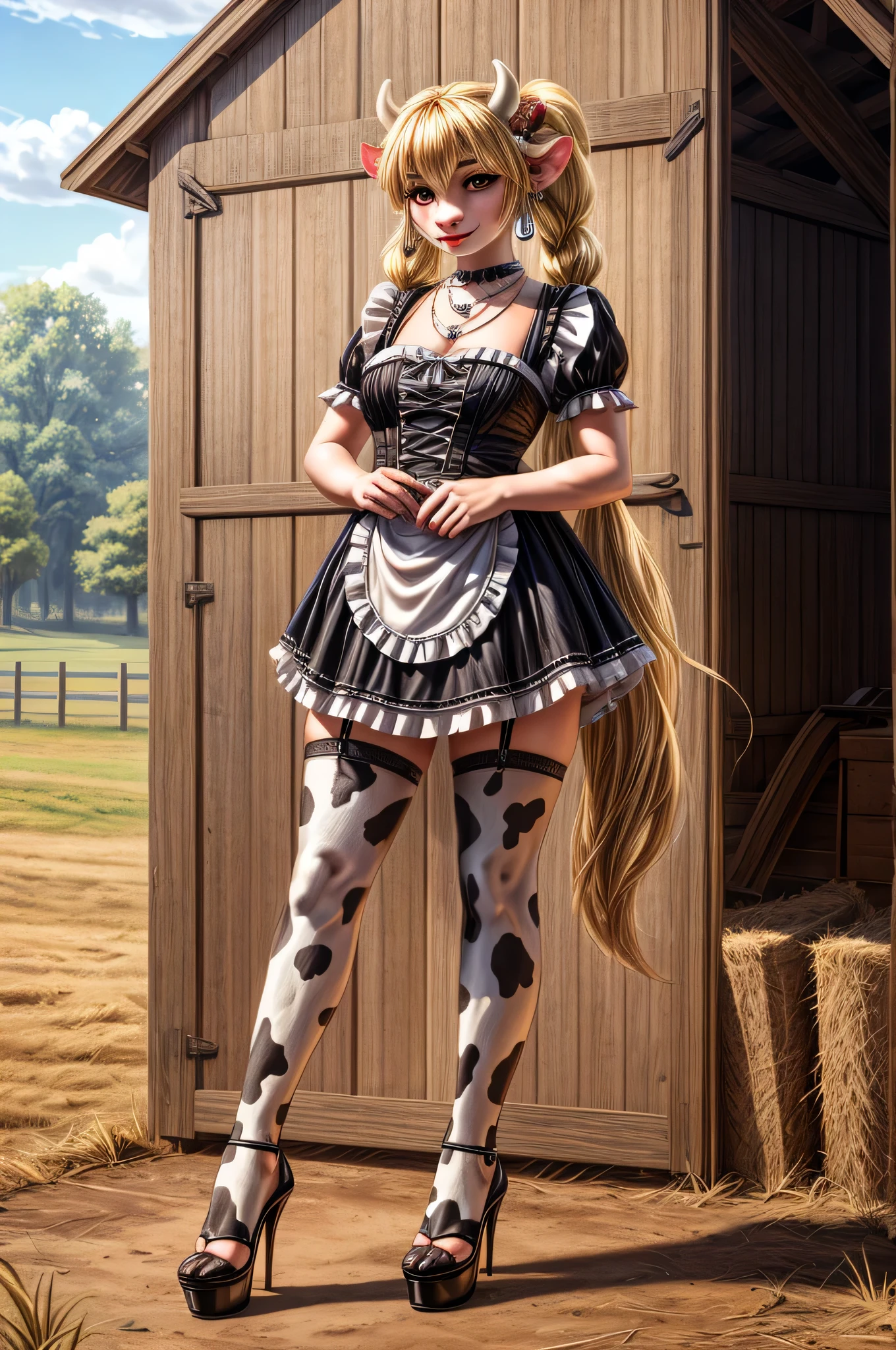 UHD 8k, HDR+, cute blonde anthro female Cow with a necklace, large piercing Karimi eyes, huge earrings, giant earrings, blonde with pigtails, Cow tail, White stockings, Cow hooves on legs, High heels, gothic maid dress, Against the background of a farm, detailed background, realistic, 1girl, solo girl, 20 year old girl, ultra realistic face, hyperrealistic, hyperdetailed, (looking at viewers), sharpen, detailed face, detailed eyes, detailed lips, red lips, beautiful face, 16k, FHD, raw photo, cute face mesh, pretty face mesh, portrait shot 8 k