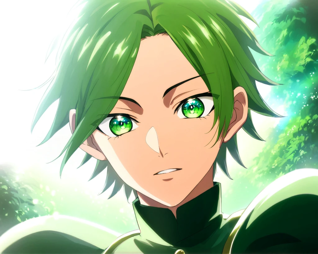 anime boy with green hair and blue eyes looking at camera, handsome guy in demon slayer art, Anime main art, portrait of Eren Yeager, high quality fanart, demon slayer rui fanart, clear green eyes, accurate green eyes, made with anime painter studio, main visuals of the anime, Eren Yeager, cute androgynous prince, his eyes glowing yellow