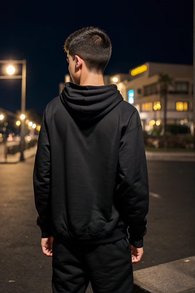 A boy seeing back and wearing black hoodie and listening music and evening background and I am alone name on image