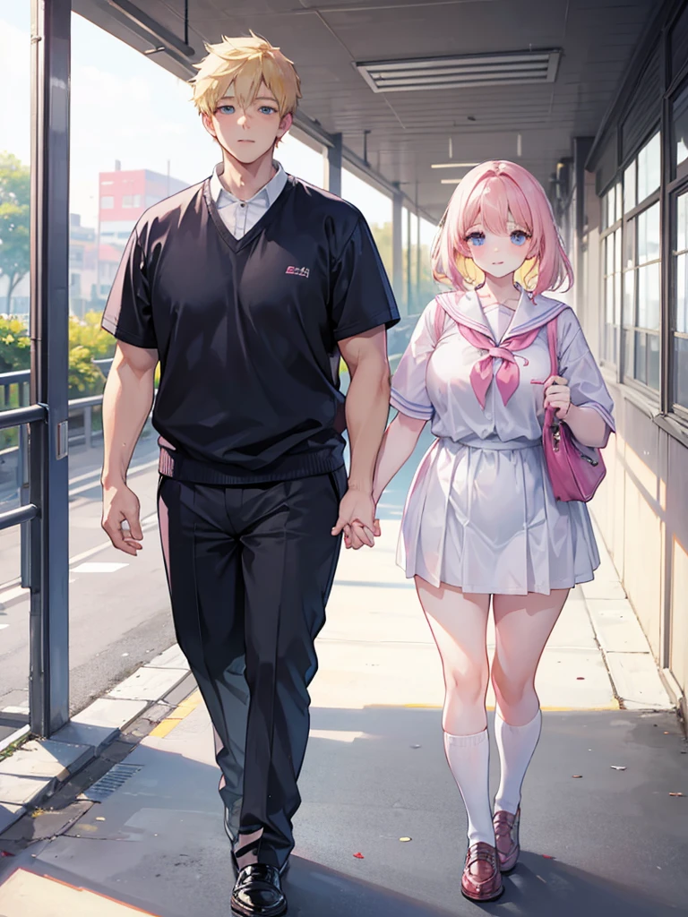 young boy, plumpness,with blonde hair,in school clothes, walking to school, holding hands with your pink-haired girlfriend.