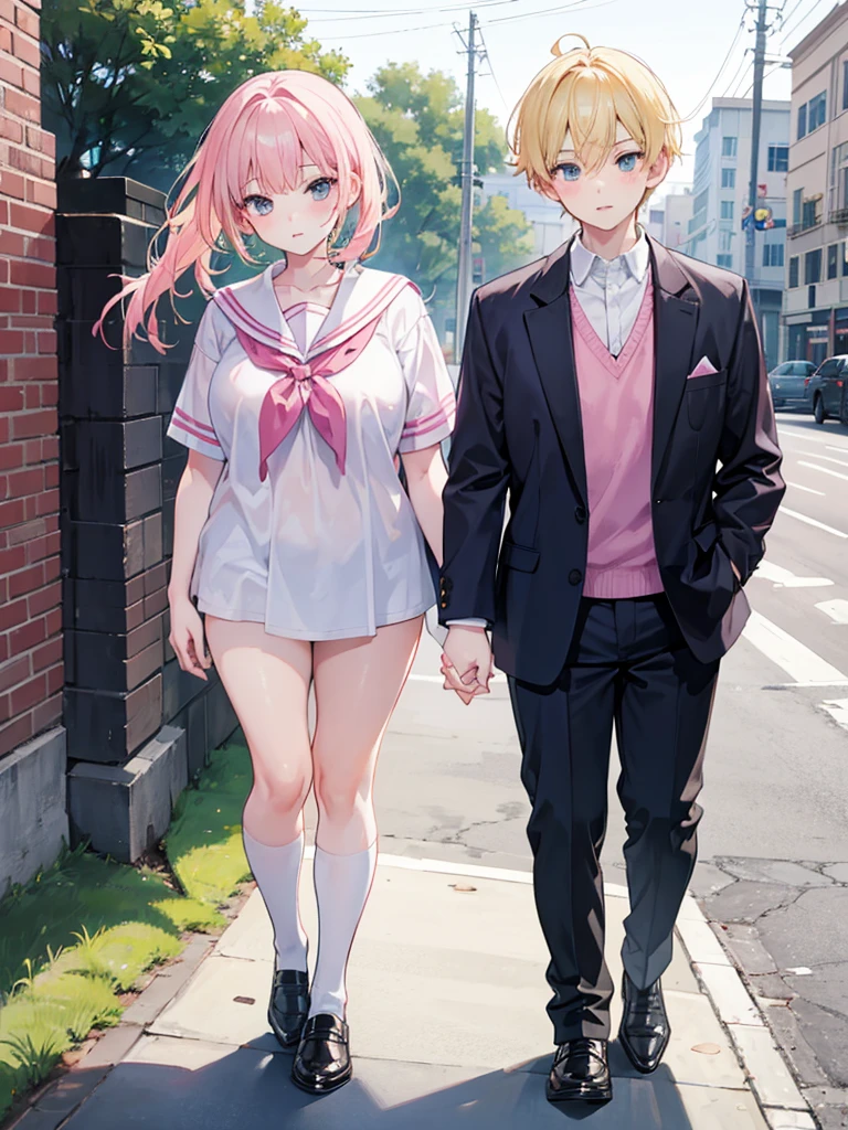 A 13 year old girl and a 13 year old boy are walking through the city holding hands. The boy laughs. The girl is thin, visibly life, thin waist, in a short pink T-shirt, no panties, pussy is clearly visible, wet feet, shy. sunny day.