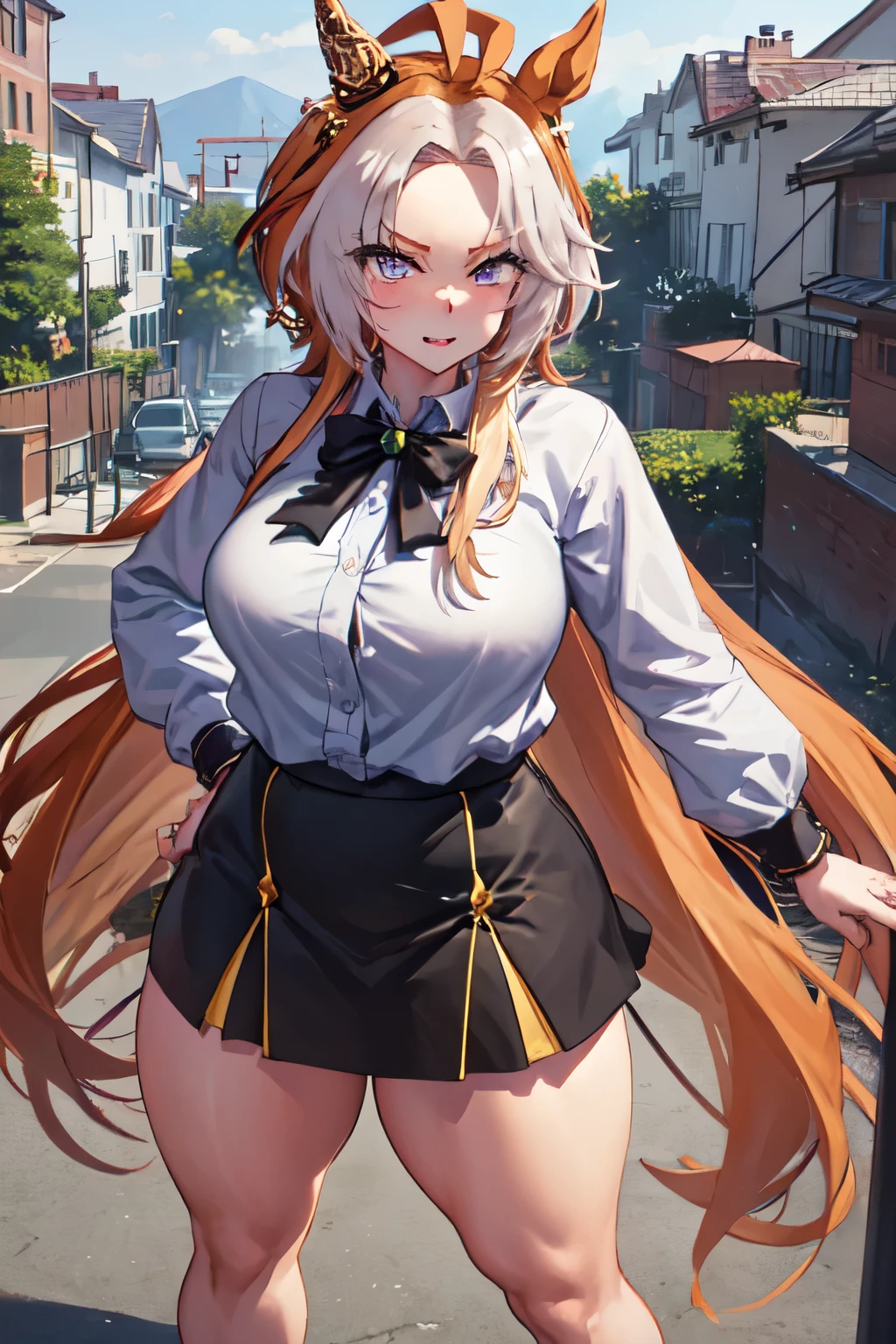 masterpiece, Highest quality, 1 person,(  Are standing, View your viewers),Detailed Background、A person who writes in detail、Accurate human body、Knowledgeable person、Accurate 5 fingers, woman,Thick thighs,Curvy body,alone, orfevre\(umamusume\),black short skirt,ahegao