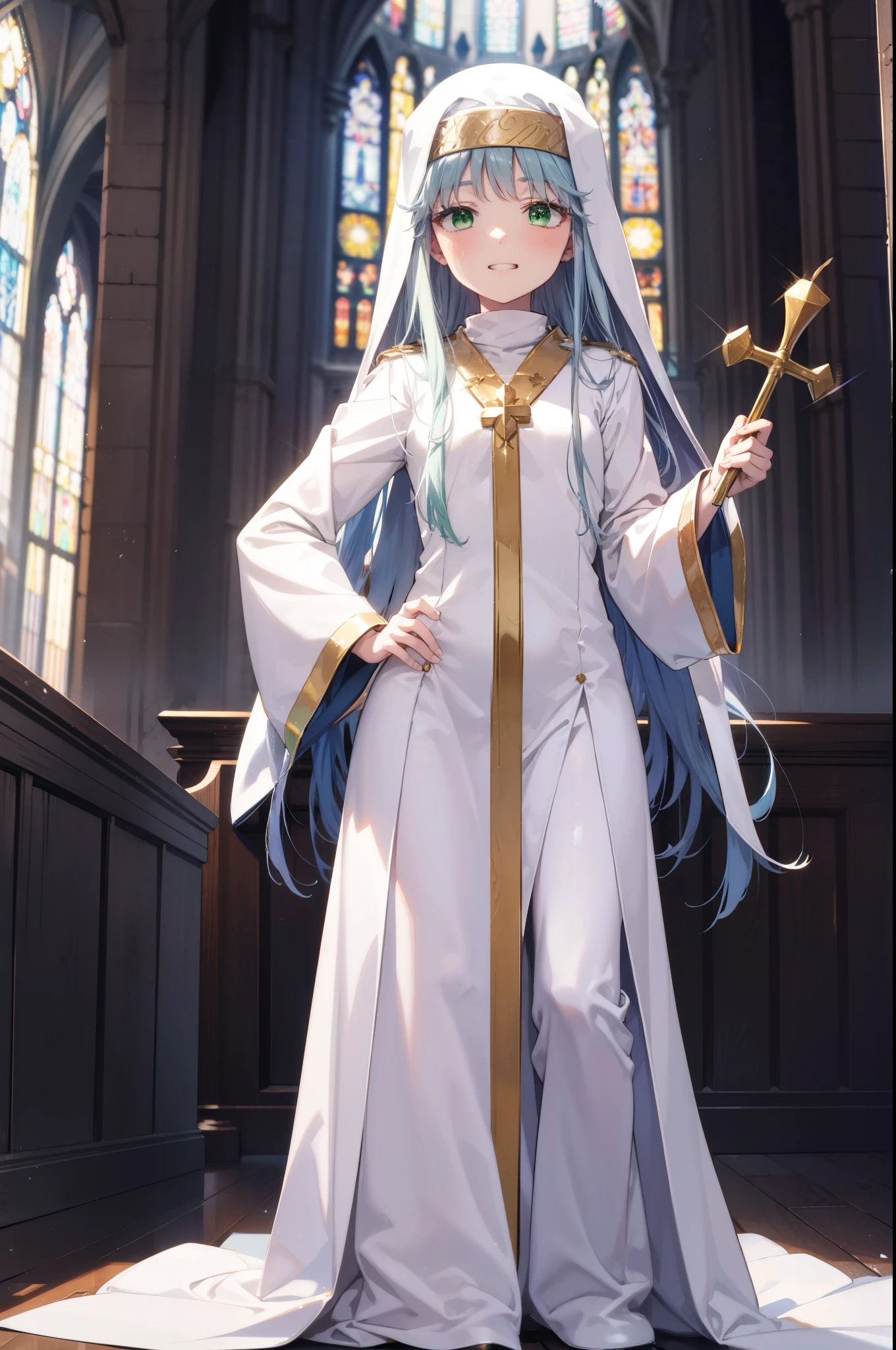 index, index, (Green Eyes:1.5), Silver Hair, Long Hair, (Flat Chest:1.2),Grin,
break habit, Long sleeve, Nuns, Robe, white Robe, Wide sleeves,Long skirt,boots,Put your right hand on your hip,In his left hand he holds a long staff bearing a holy cross,whole bodyがイラストに入るように,
break looking at viewer, whole body,
break indoors, church,
break (masterpiece:1.2), Highest quality, High resolution, unity 8k wallpaper, (figure:0.8), (Beautiful attention to detail:1.6), Highly detailed face, Perfect lighting, Highly detailed CG, (Perfect hands, Perfect Anatomy),
