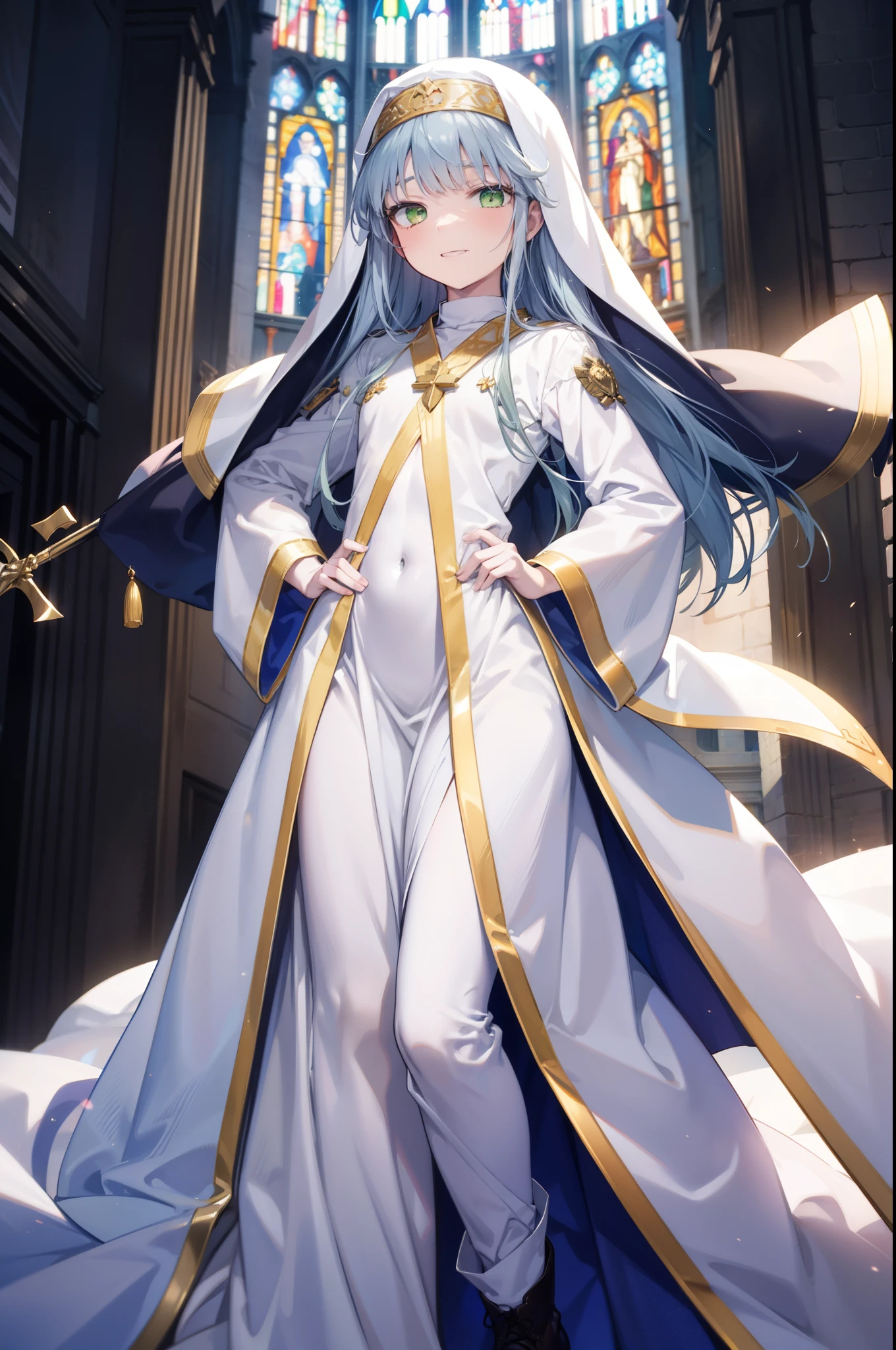 index, index, (Green Eyes:1.5), Silver Hair, Long Hair, (Flat Chest:1.2),Grin,
break habit, Long sleeve, Nuns, Robe, white Robe, Wide sleeves,Long skirt,boots,Put your right hand on your hip,In his left hand he holds a long staff bearing a holy cross,whole bodyがイラストに入るように,
break looking at viewer, whole body,
break indoors, church,
break (masterpiece:1.2), Highest quality, High resolution, unity 8k wallpaper, (figure:0.8), (Beautiful attention to detail:1.6), Highly detailed face, Perfect lighting, Highly detailed CG, (Perfect hands, Perfect Anatomy),