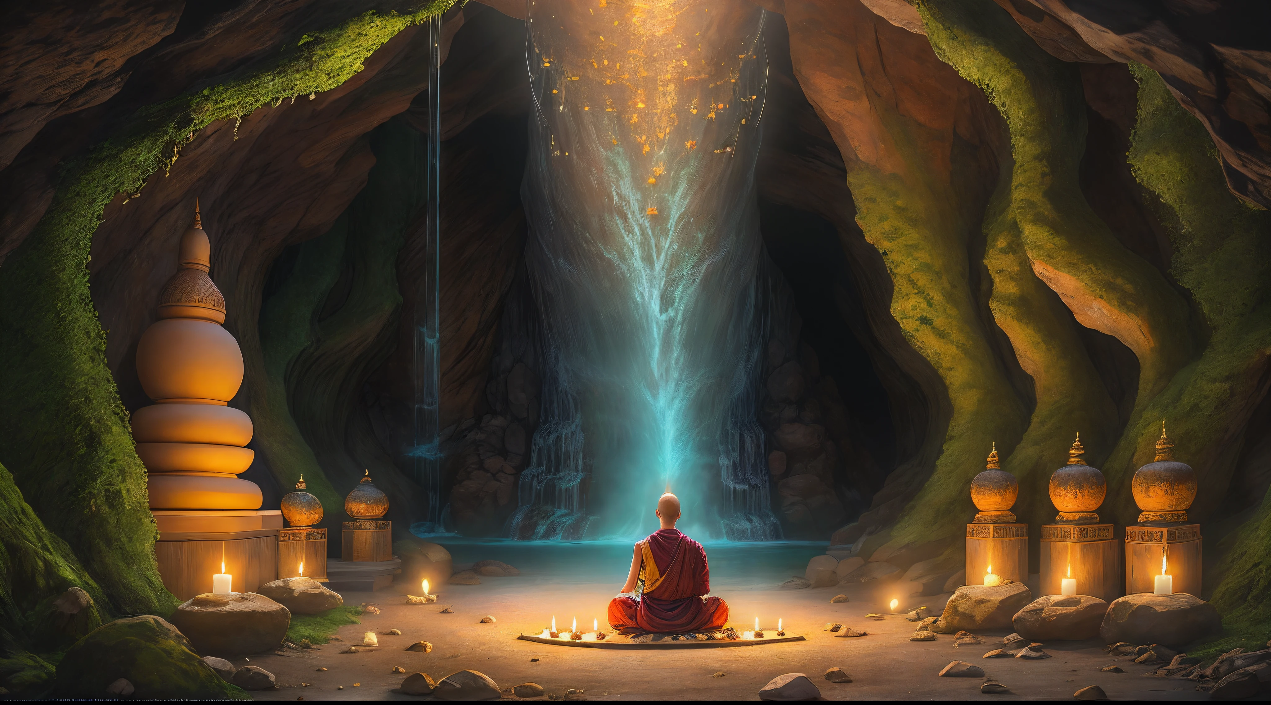 A man sitting in a cave,Lighting candles, hindu stages of meditation, monk meditates, meditation, A mysterious temple, praying meditation, Buddhism徒 monk meditation, The glittering temple in the distance, Floating in a powerful zen state, Buddhism, meditation, Buddhism徒, In a cave with a waterfall, Mysterious environment, Underground Temple, mysterious temple setting,