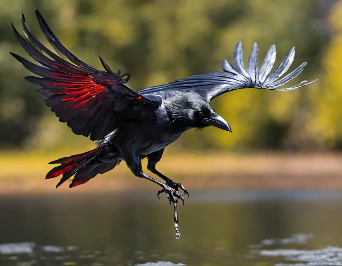 flying evil crow liquid chrome, with red eye