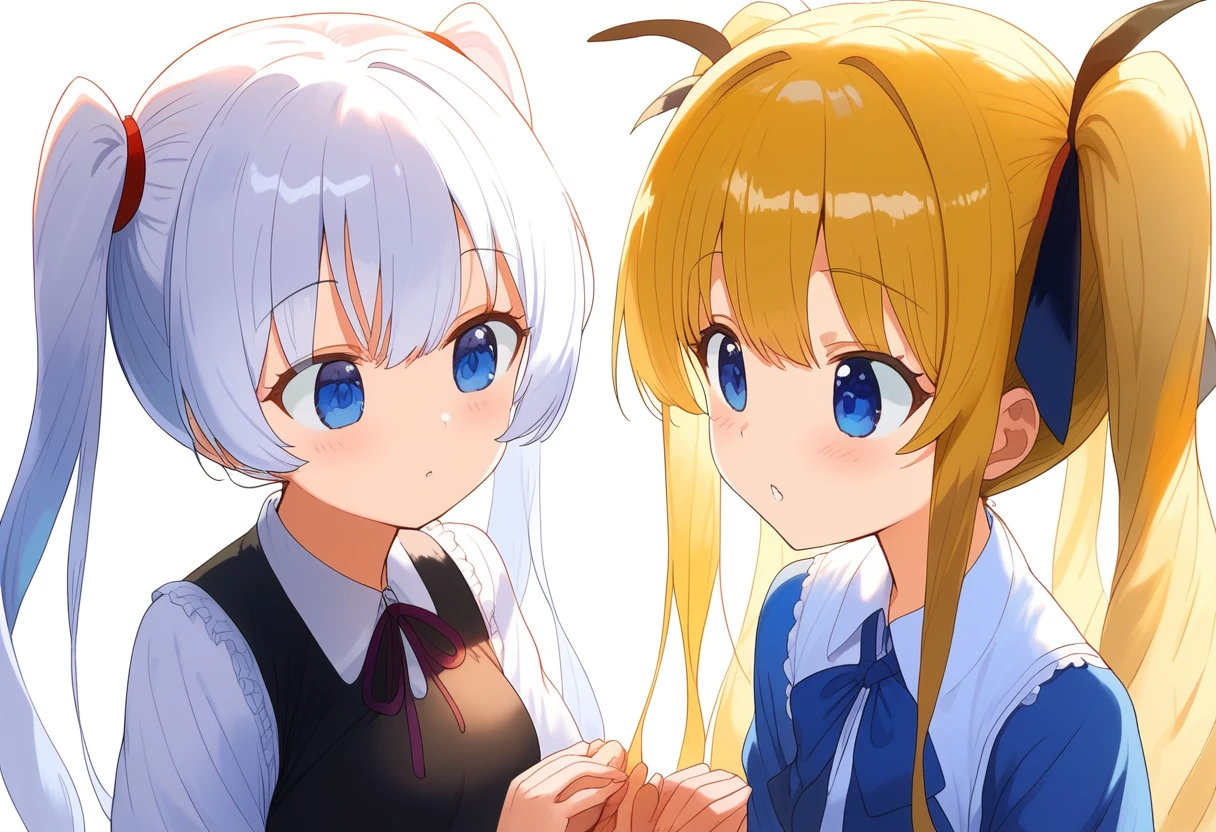 delicate、masterpiece、Highest quality、2 peopleの女の子、2 people、A girl with long white hair down and a blonde girl with twin tails、Both have blue eyes、White Background、Flat Color、2 peopleとも正面を向いている、sketch