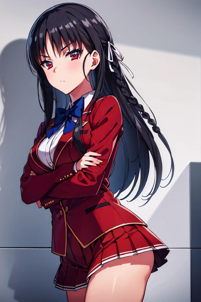 (masterpiece, best quality:1.5), (ultra detailed:1.4), (super fine illustration:1.2), (perfect anatomy:1.5),
1girl,
Suzune Horikita,
Suzune Horikita \(youjitsu\),
long hair, braid,
black hair,
red eyes, slant eyes, small eyes,
blue bow,
(medium breasts:0.9),
BREAK red jacket, pleated skirt, black thigh-high socks,
looking at viewer, shoot from front,
perfect light, background of indoor,