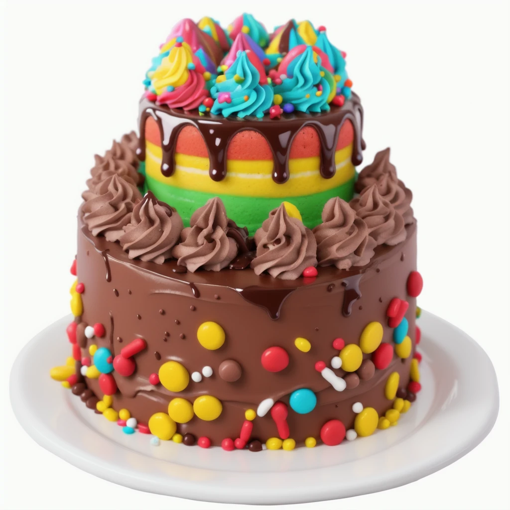 on the white background, on a porcelain plate, a chocolate two-layer cream cake, decorated with sprinkles on the bottom, chocolate cream swirls on the first layer, the second cream layer multi-colored, chocolate ganache on the second layer, multi-colored swirls with sprinkles on top, realistic texture, realistic style, detailed texture, high quality, high resolution, high quality rendering, realistic photo, brightning light, macro photo, ultra hd 4k