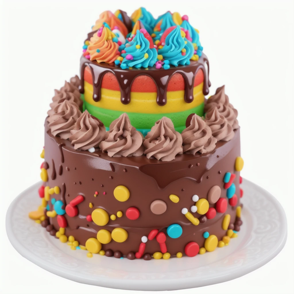 on the white background, on a porcelain plate, a chocolate two-layer cream cake, decorated with sprinkles on the bottom, chocolate cream swirls on the first layer, the second cream layer multi-colored, chocolate ganache on the second layer, multi-colored swirls with sprinkles on top, realistic texture, realistic style, detailed texture, high quality, high resolution, high quality rendering, realistic photo, brightning light, macro photo, ultra hd 4k