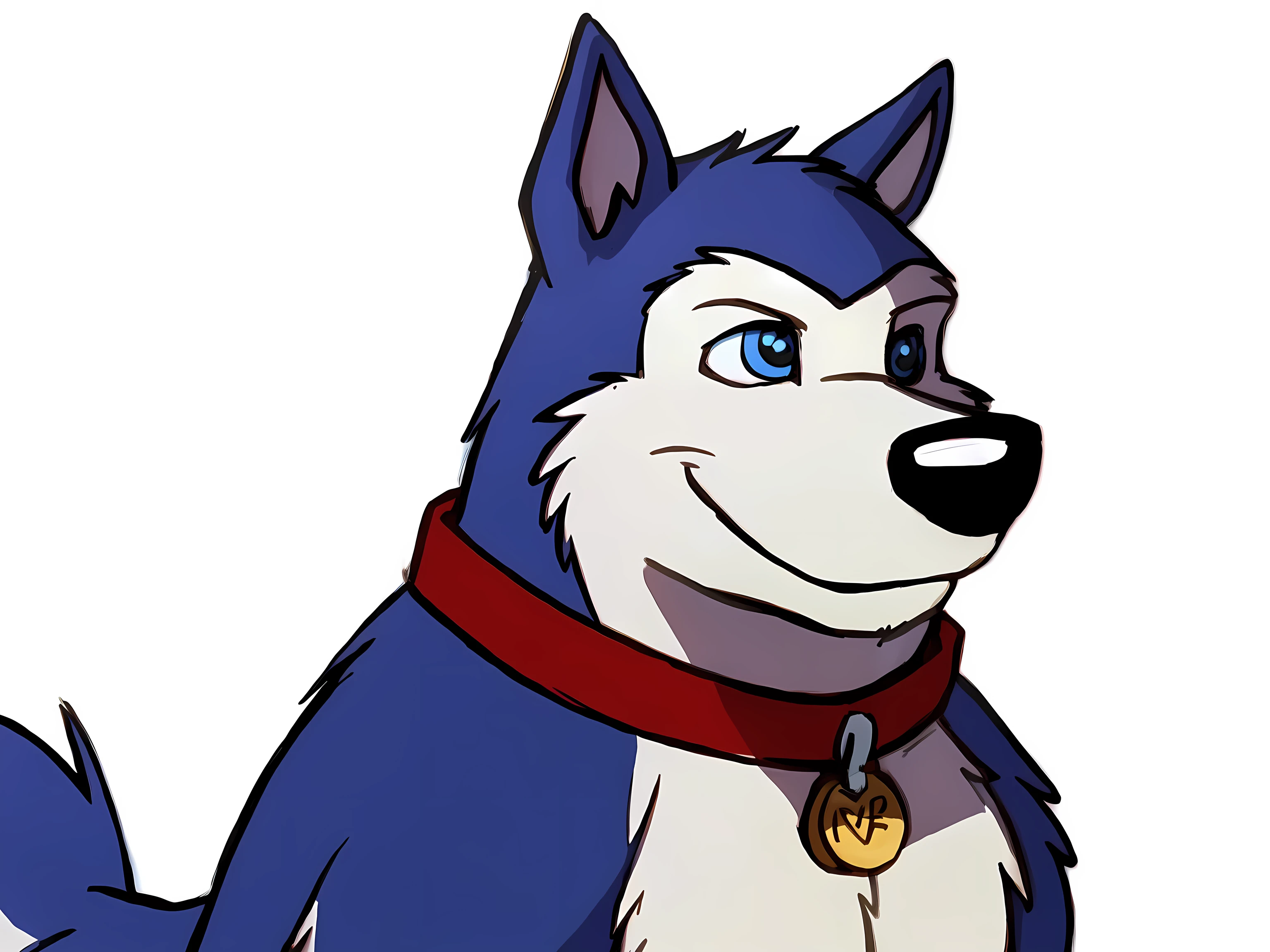 Exile (Road Rovers), blue fur, white fur, feral, feral body, quadruped, husky, pointy ears, dog, solo, half body, red dog collar, pet tag coin, smile, high quality, best resolution, cel shaded, (blue eyes, detailed eyes):1.1, (white background, no background):1.1, by marjani, by rossciaco, by virtyalfobo, correct proportions, correct anatomy, 