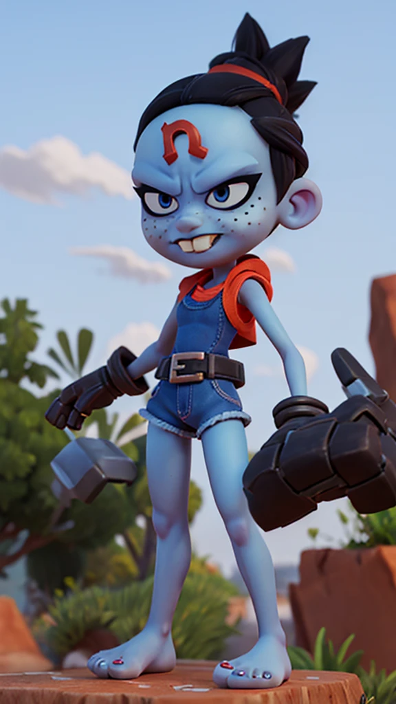 nina cortex, short black hair, blue skin, freckles, black eyes, buck teeth, mechanical gloves, forehead mark 'n', barefoot, five-toed feet, 