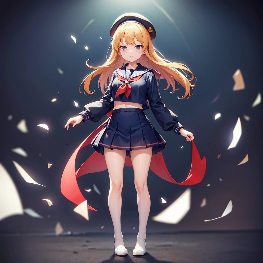 ((Sailor suit)),Big red ribbon,(((Navy Mini Skirt))),beret,Cute little ,Tiny Lori,Small girl,,Childish face, Very fine clean face,Top quality, Big eyes,Straight Hair,Yellow hair,Crimson Eye,(Dark Room), Subtle light, Natural light,Soft lighting,Light from directly behind, (Are standing), Cute pose, Open your hands, Showing the whole body,Front view,Black background