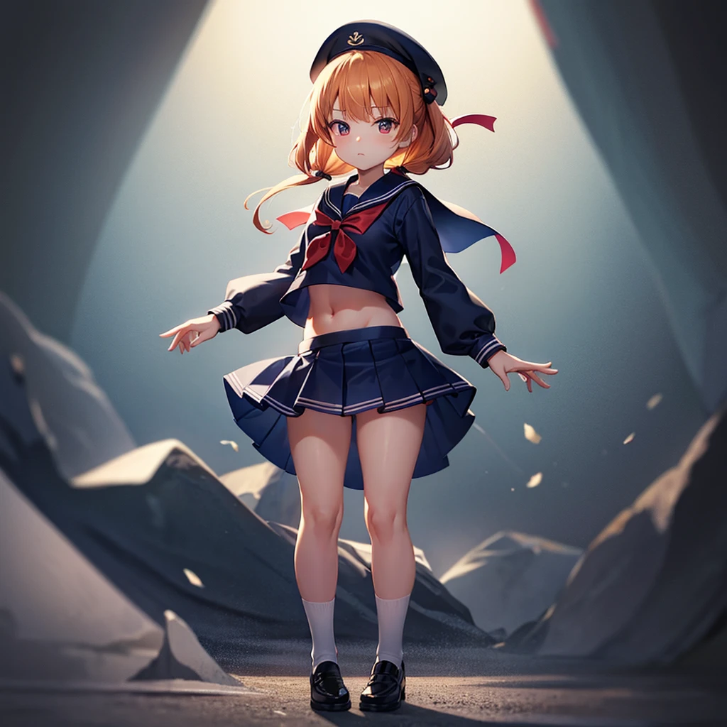 ((Sailor suit)),Big red ribbon,(((Navy Mini Skirt))),beret,Cute little loli,Tiny Lori,Small girl,,Childish face, Very fine clean face,Top quality, Big eyes,Straight Hair,Yellow hair,Crimson Eye,(Dark Room), Subtle light, Natural light,Soft lighting,Light from directly behind, (Are standing), Cute pose, Open your hands, Showing the whole body,Front view,Black background