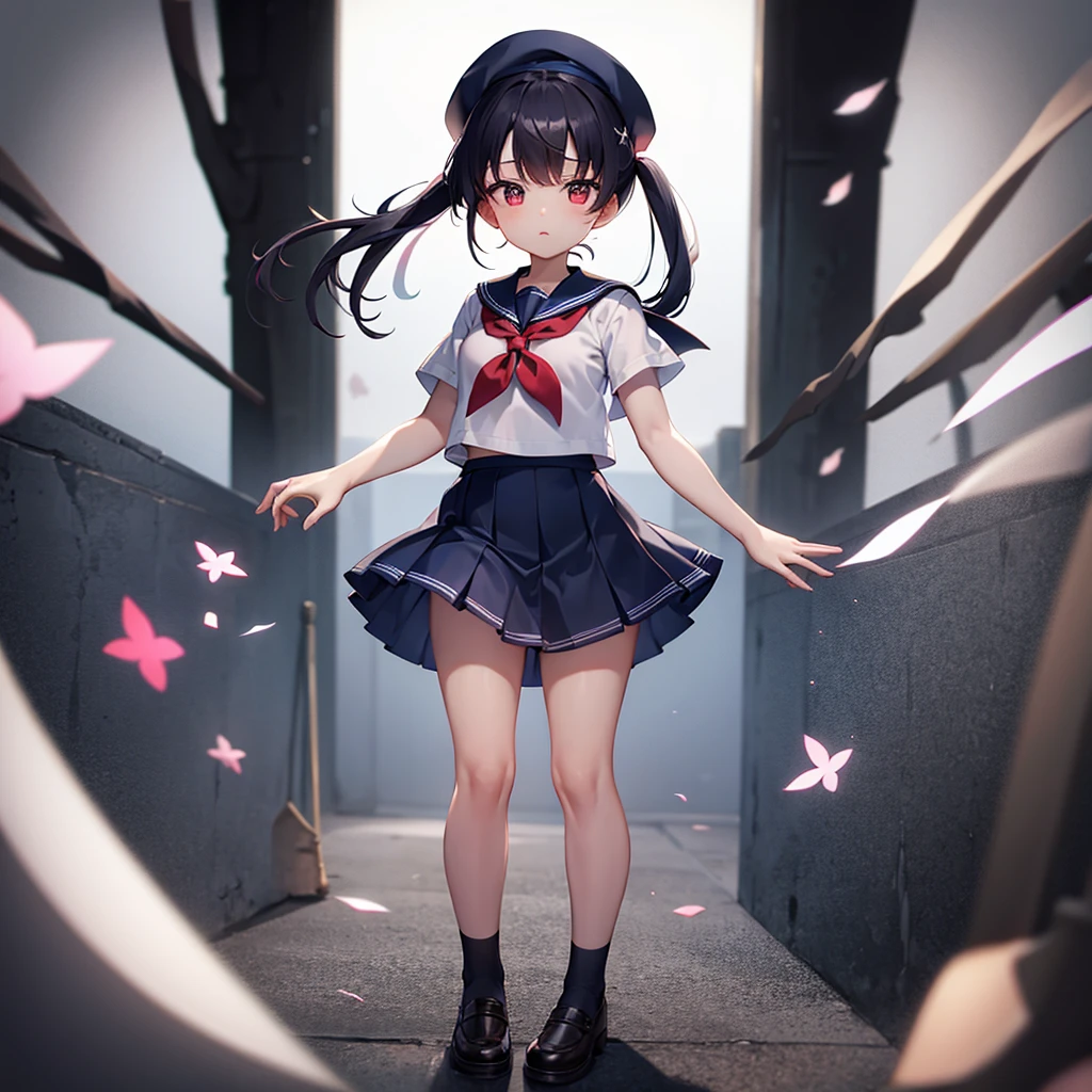 ((Sailor suit)),Big red ribbon,(((Navy Mini Skirt))),beret,Cute little ,Tiny Lori,Small girl,,Childish face, Very fine clean face,Top quality, Big eyes,Straight Hair,Yellow hair,Crimson Eye,(Dark Room), Subtle light, Natural light,Soft lighting,Light from directly behind, (Are standing), Cute pose, Open your hands, Showing the whole body,Front view,Black background
