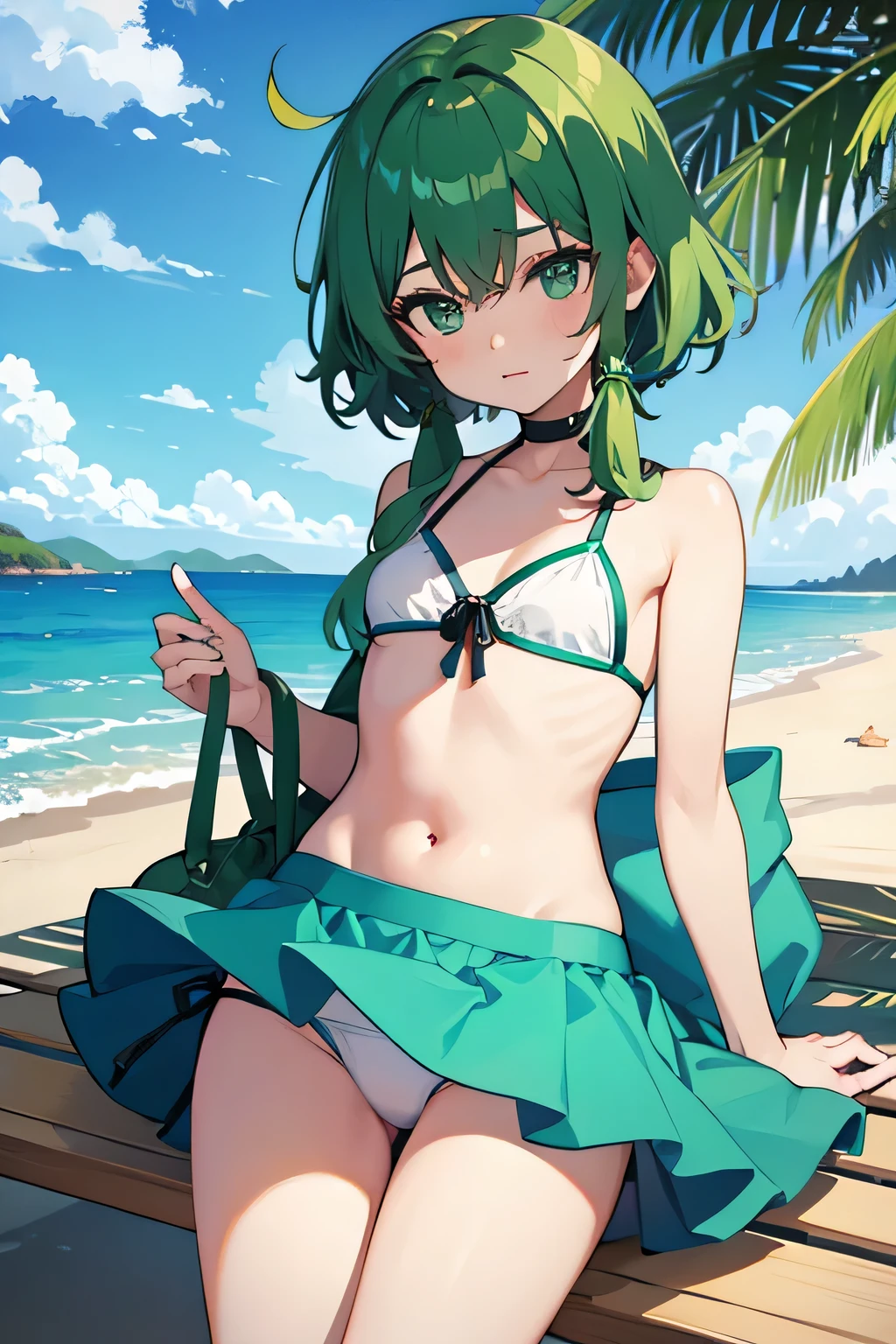 boy , bikini, green base color, beachfront,
