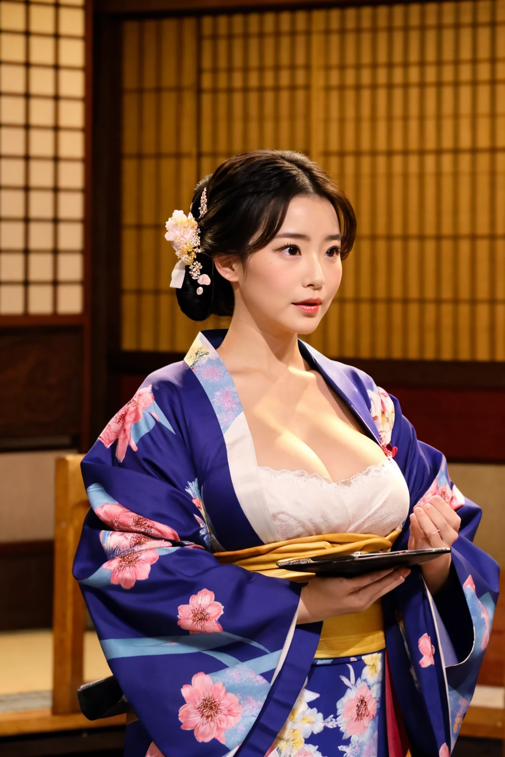 Beautiful woman、Very large breasts、kimono、Watching the audience、Resolve、decision