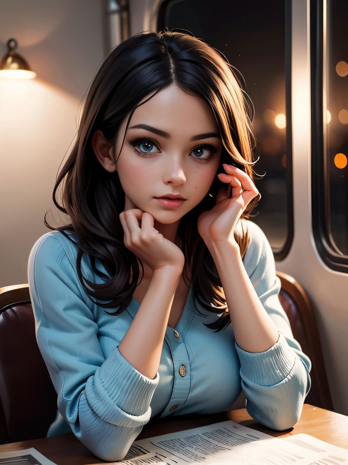 detailed gorgeous European woman. Age 23. reading newspaper,1 woman,beautiful detailed eyes,beautiful detailed lips,extremely detailed face,longeyelashes,sitting on chair,reading newspaper intently,in orient express train scene,warm lighting,photorealistic,8k,highres,masterpiece,cinematic lighting,oil painting. ((At night)).