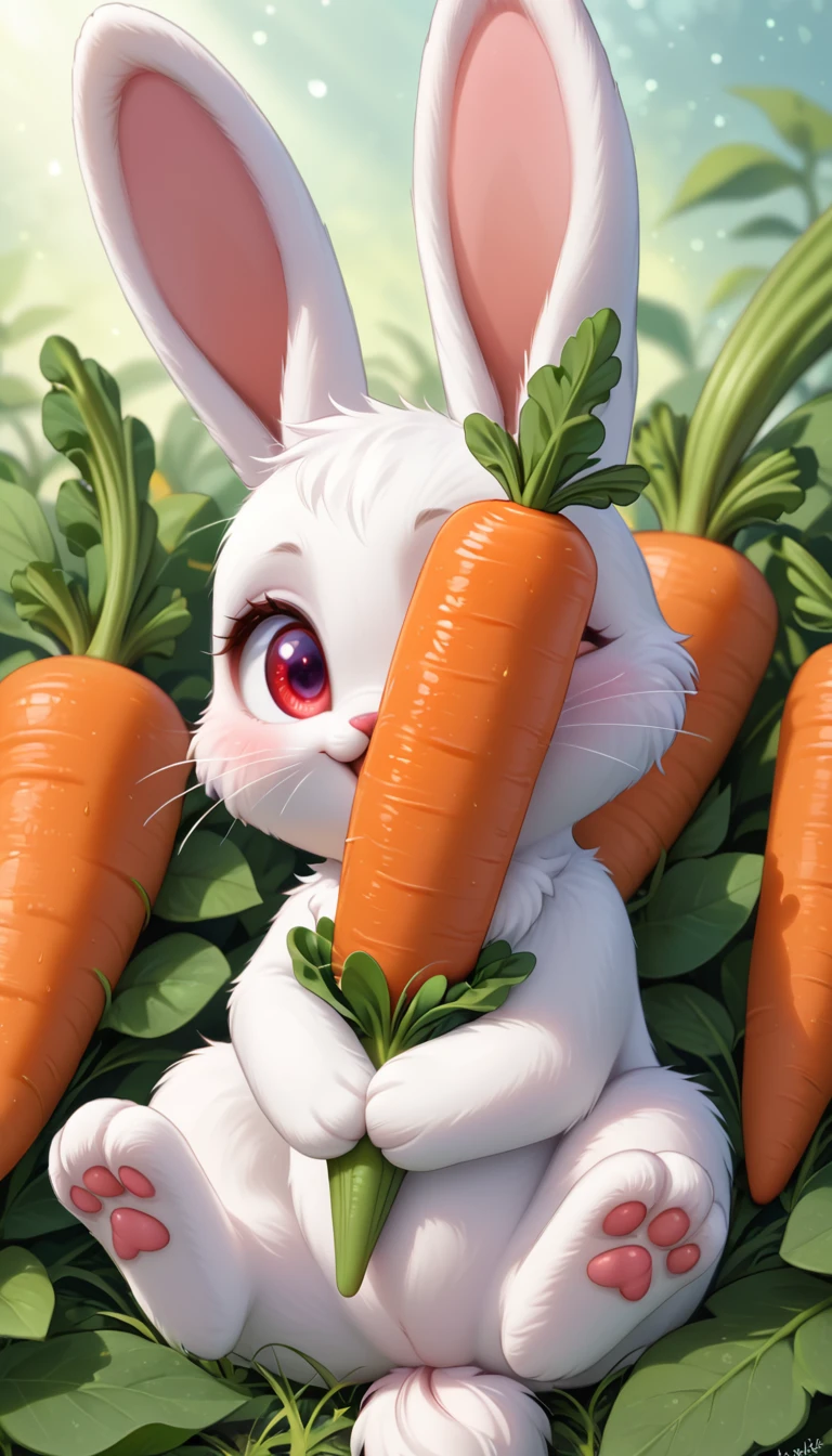 A cute little bunny with white whiskers and bright eyes,Little bunny holding a big carrot with a happy expression on his face