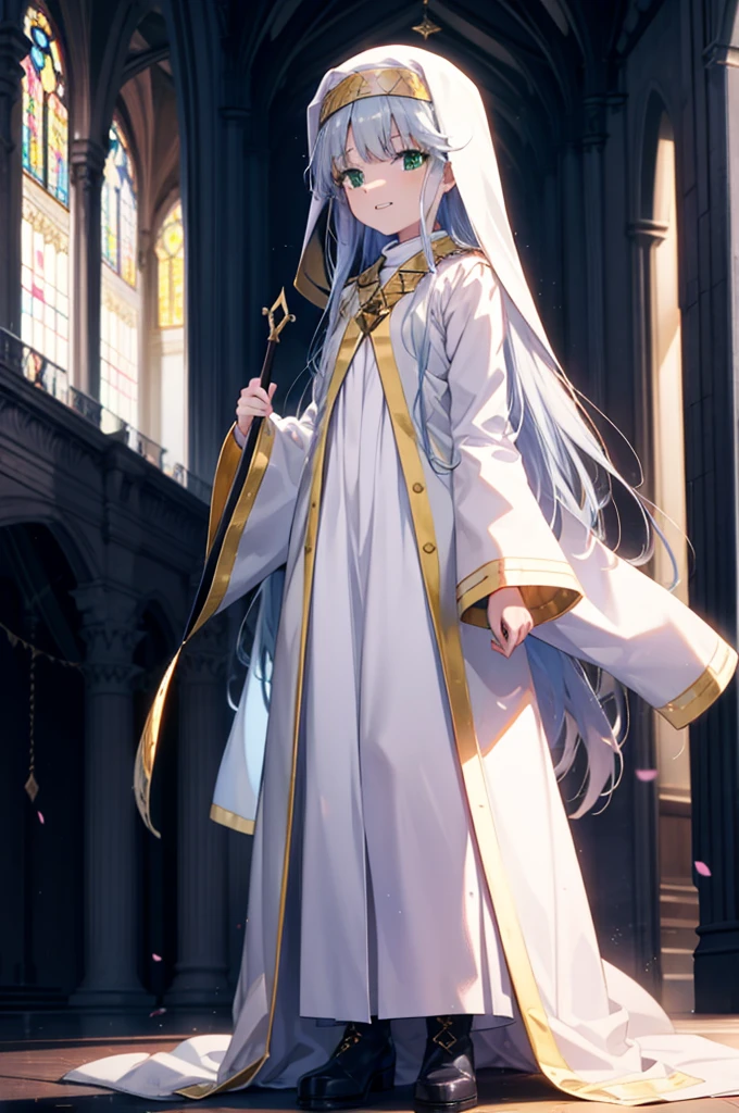 index, index, (Green Eyes:1.5), Silver Hair, Long Hair, (Flat Chest:1.2),Grin,
break habit, Long sleeve, Nuns, Robe, white Robe, Wide sleeves,Long skirt,boots,Put your right hand on your hip,In his left hand he holds a long staff bearing a holy cross,whole bodyがイラストに入るように,
break looking at viewer, whole body,
break indoors, church,
break (masterpiece:1.2), Highest quality, High resolution, unity 8k wallpaper, (figure:0.8), (Beautiful attention to detail:1.6), Highly detailed face, Perfect lighting, Highly detailed CG, (Perfect hands, Perfect Anatomy),