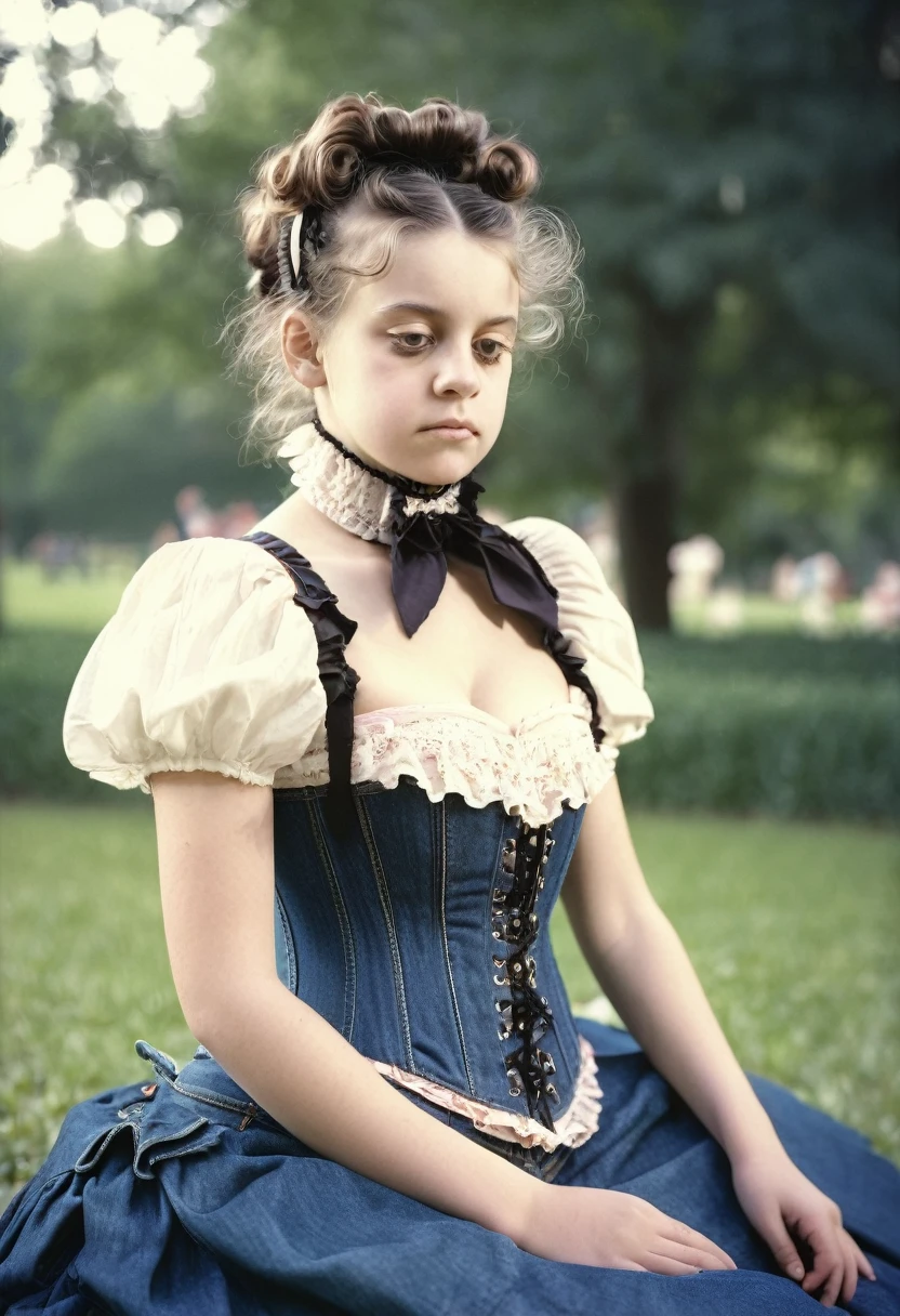 close-up, helpless shy ordinary  with her mother, victorian hairstyle, saggy breasts, flared (Victorian corset and jeans with flounce), deeply sitting on her back in the park, 19th century photo, deep focus, vintage film grain, color correction retro style, soft lighting, ((in victorian corset and jeans with flounce))
