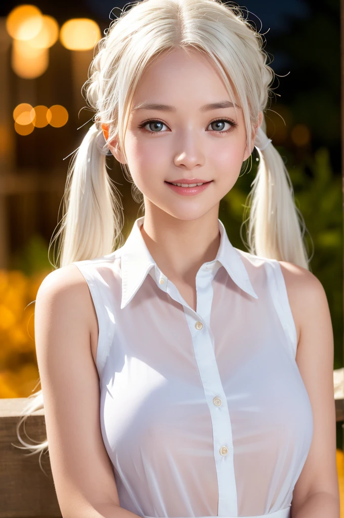 (masterpiece), (best quality), Ultra-high resolution, Raw photo, A photo-realistic, super cute woman, 1girl, (perfect face:1.2), (beautiful face:1.2), white hair, super long hair, twin tails, (from under, Portrait:1.3), happy, light smile, close up, looking at viewer, pose, sheer button-up shirt, sleeveless shirt, smile, outdoors, night time, intricate, depth of field, cinematic lighting,