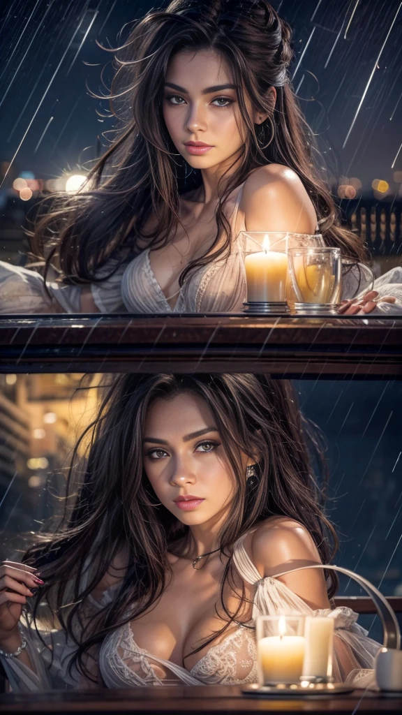(32k:1.5, Highest quality, masterpiece, Ultra-high resolution), Professional camera work:1.6, Very detailedな肌と顔の質感:1.3, Captivating portrait:1.3, Very accurate, Very detailed, 1 adult female, ((Amazing night view from the rooftop, The moonlight at night illuminates my body)), (Satin Nightgown:0.5), Incredibly slim body, Fair skin, elegant features, Expressions of sadness, (Big eyes that exude beautiful eroticism:0.8, Sad expression:1.0, I love you with all my heart:0.8, Open your mouth a little, lipstick, Feel the beautiful eroticism:0.8), (Wet dark brown medium length hair), Candles, The chest is medium, Earrings, necklace, bracelet, (dramatic, romantic, mysterious), Tilt, Sensual sitting position, ((Adult charm, Feminine charm, Hair blowing in the wind))