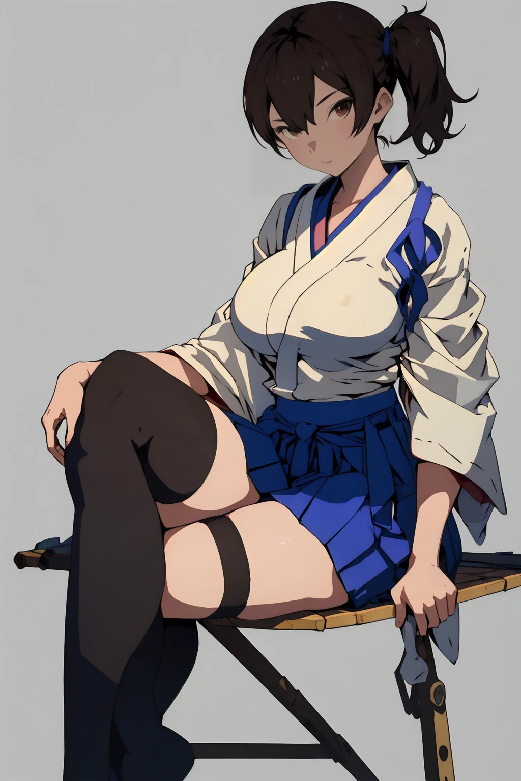 (masterpiece, highest quality) detailed, kaga (kancolle), {{kaga kai ni (kancolle)}}, side ponytail, brown eyes, black long hair, black thighhighs, short skirt, hakama skirt, japanese clothes, , blue hakama, hakama, muneate, tasuki, whole body,Chinese element pattern,thigh,nsfw