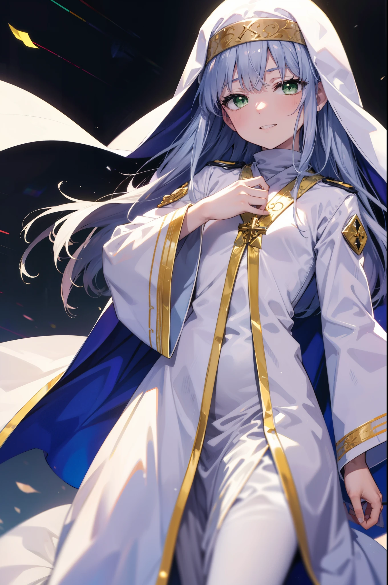 index, index, (Green Eyes:1.5), Silver Hair, Long Hair, (Flat Chest:1.2),Grin,
break habit, Long sleeve, Nuns, Robe, white Robe, Wide sleeves,Long skirt,boots,Put your right hand on your hip,In his left hand he holds a long staff bearing a holy cross,whole bodyがイラストに入るように,
break looking at viewer, whole body,
break indoors, church,
break (masterpiece:1.2), Highest quality, High resolution, unity 8k wallpaper, (figure:0.8), (Beautiful attention to detail:1.6), Highly detailed face, Perfect lighting, Highly detailed CG, (Perfect hands, Perfect Anatomy),
