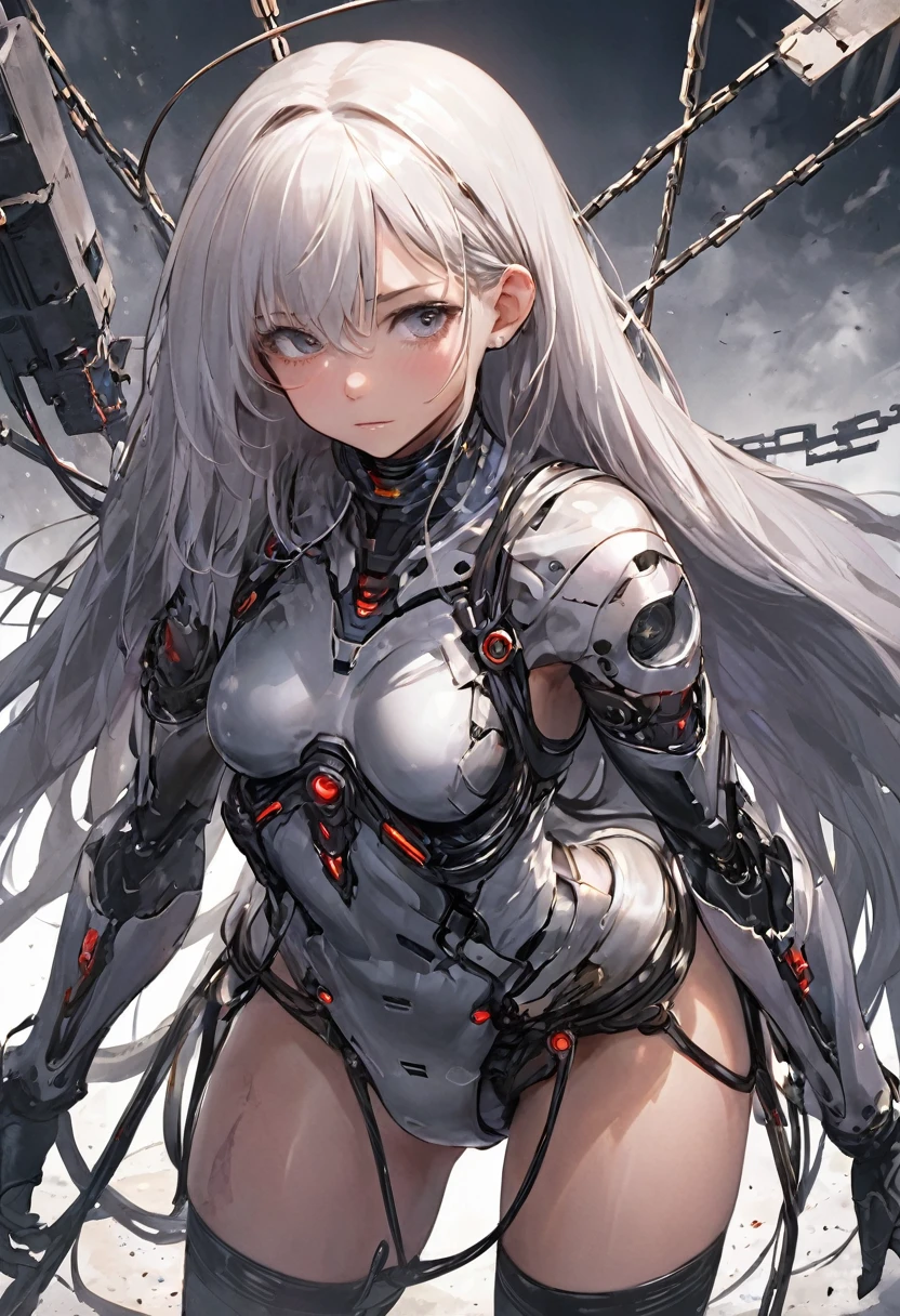 masterpiece, best quality, 1girl, white hair, adult, fully mature, surronding by cable and wire , broken parts , apocalypse . girl half android , anime