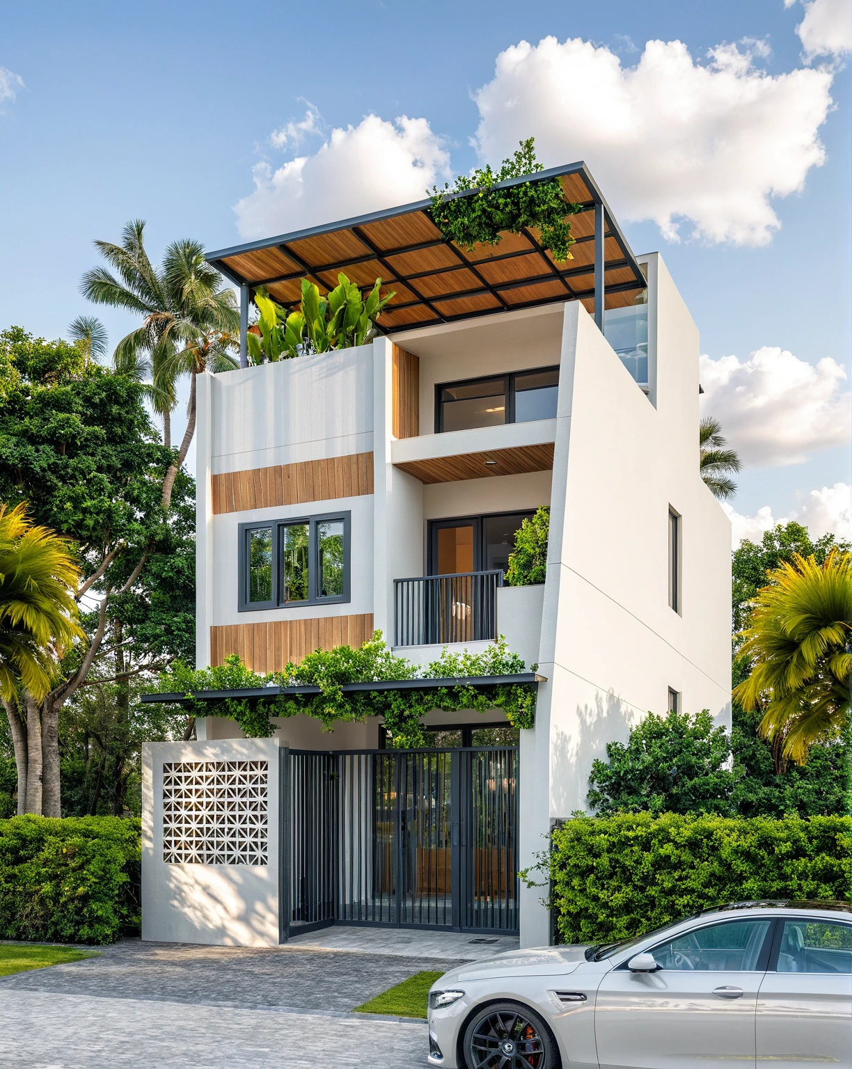 Masterpiece, high-end, best quality, authentic, super detailed, outdoor, aiaigroup, modern 2-storey townhouse, stairs, white walls combined with wood, wind encaustic tiles, iron gate, conwood ceiling, flowers , path, summer evening, grass, trees, sky, clouds, (daylight: 1.1)