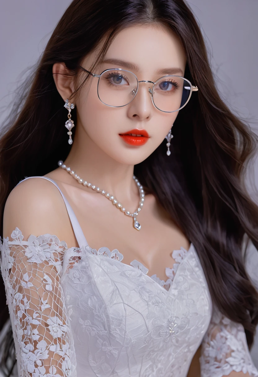 Top CG, Highest image quality, masterpiece, gentle beautiful girl, (185cm美女), (fit), Imperial sister, Queen temperament, White skin, ((long legs)), perfect facial features, Bright Eyes, Seductive pose, red lips, beautiful and cold (A major breakthrough)), beautiful and brave, soft and long hair, Shiny, lace, net, Visible through clear skin, wear glasses, Diamond earrings, Black skirt), 8k quality, (Realistic portraits), Characters fill the screen, (face lighting), ((eternity)
