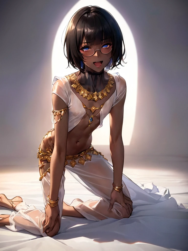 (1 boy solo:1.4),(flat chest),(dark skin:1.7), (masterpiece:1.2), highest quality, High resolution, unity 8k wallpaper, (fine and beautiful eyes:1.6), highly detailed face, perfect lighting, Detailed CG, (perfect hands, perfect anatomy), 20 years old, (black hair:1.3), (evil smile:1.4), detailed eyes, best quality, extremely detailed, very precise detailed, (glasses:1.6), (blunt bangs:1.3), (open mouth:1.3), (very short pixie cut:1.2), (Sandals:1.2), smile, (half closed eyes:1.3) ,long sidelocks, (blush),(leaning back),navel,(kneeling:1.3),(Put left knee in front:1.5), (arms behind head),mouth veil,(arabian clothes:1.5),,(see-through harem pants:1.3),spread legs