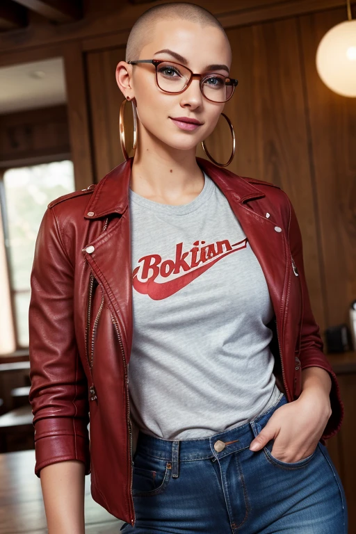 High definition. Beautiful sexy woman. Caucasian. Shaved head. Feminine features. Large nose. Round glasses. Loop earrings. T-shirt, red leather jacket, Jeans. Small smile.