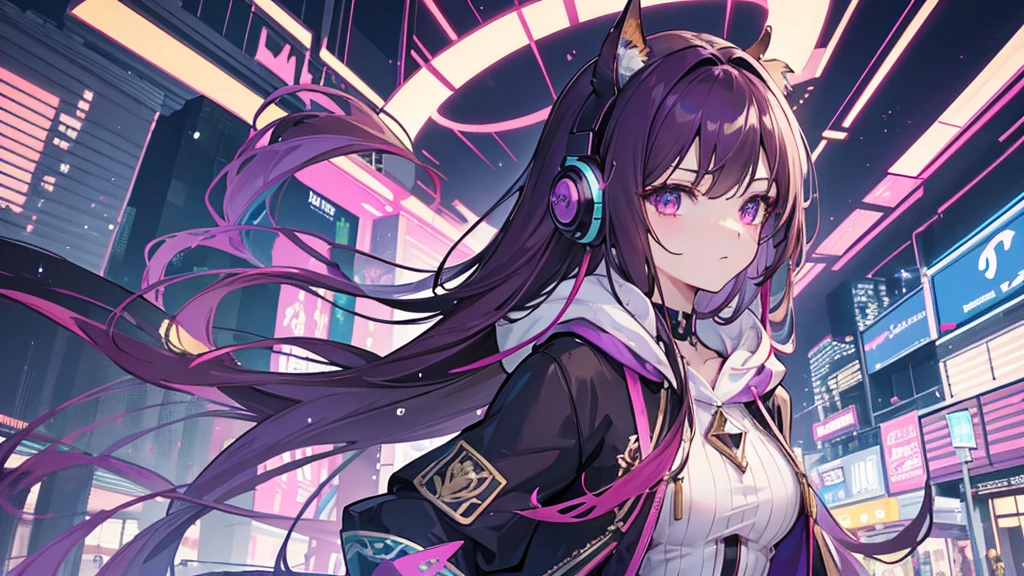 An elegantly posed anime women, with brown long hair adorned with purple highlights. She wears a small top, over-ear headphones and a hoody, and exudes a sense of cool confidence. She walks down a street in a cyberpunk stile like City at night with wet streets after a Rain shower . The image appears to be a digitally rendered painting or illustration. Every detail is meticulously crafted, from the intricate lines of her outfit to the subtle shading of her hair. The vibrant colors pop against a neutral background, creating a visually striking and immersive scene that captures the essence of modern glamour.