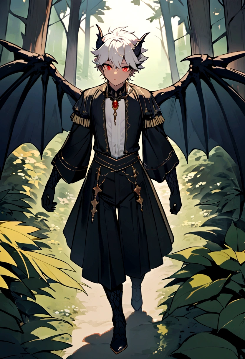 young man, White hair, Eyes red, skin fair, a black dragon syrup, a pair of black colored dragon wings, black scales, big wings, above all, walking in forest