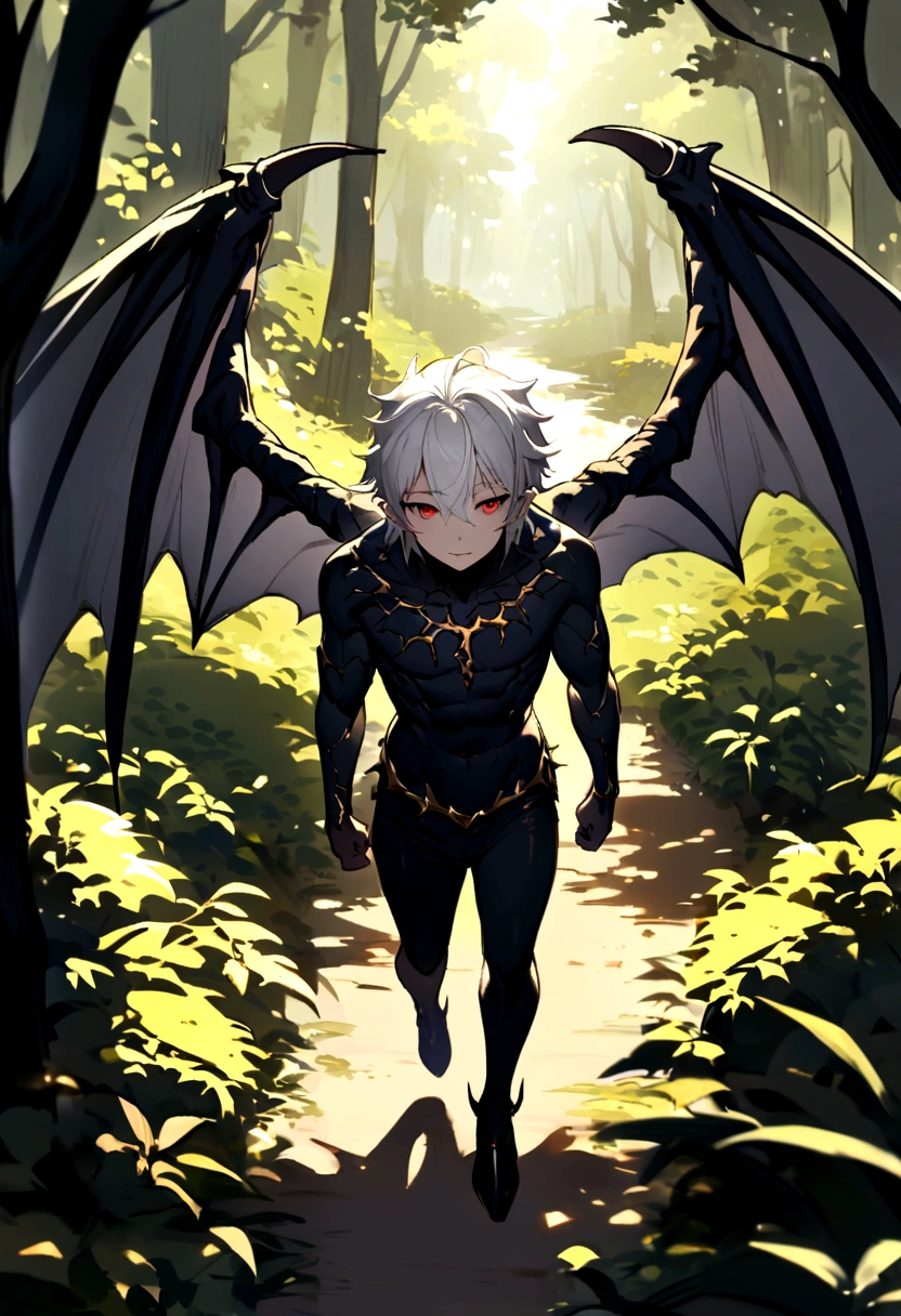 young man, White hair, Eyes red, skin fair, a black dragon syrup, a pair of black colored dragon wings, black scales, big wings, above all, walking in forest