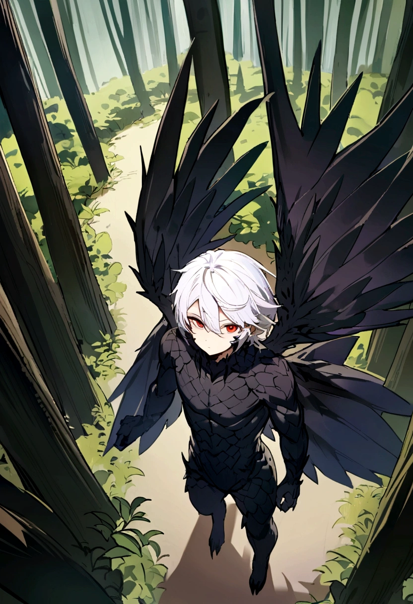 young man, White hair, Eyes red, skin fair, a black dragon syrup, a pair of black colored dragon wings, black scales, big wings, above all, walking in forest