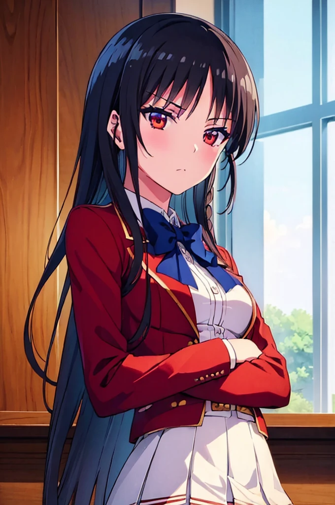 (masterpiece, best quality:1.5), (ultra detailed:1.4), (super fine illustration:1.2), (perfect anatomy:1.5),
1girl,
Suzune Horikita,
Suzune Horikita \(youjitsu\),
long hair, braid,
black hair,
red eyes, slant eyes, small eyes,
blue bow,
(medium breasts:0.9),
BREAK red jacket, pleated skirt, black thigh-high socks,
looking at viewer, shoot from side,
perfect light, background of indoor,