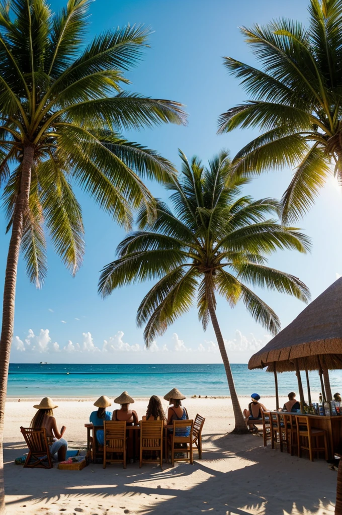 I imagine a place with palm trees,Sea and sun. A beach bar is in the foreground with a few people wearing hippie hats and listening to loud music. everyone understands each other 