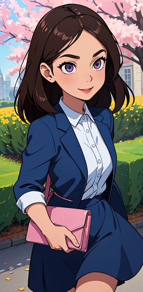 Woman. dark hair. long hair, eyes browns, wearing a blue formal dress, walking in a park, carrying a medium-sized bag with magazines, libero, light pink lipstick, expression of happiness, holding a bible in his right hand, (Friendly expression on the face), (well-detailed face), sunny day, (ultra detaild) ((best qualityer)) Jehovah's Witness, Christian, talking about the Bible