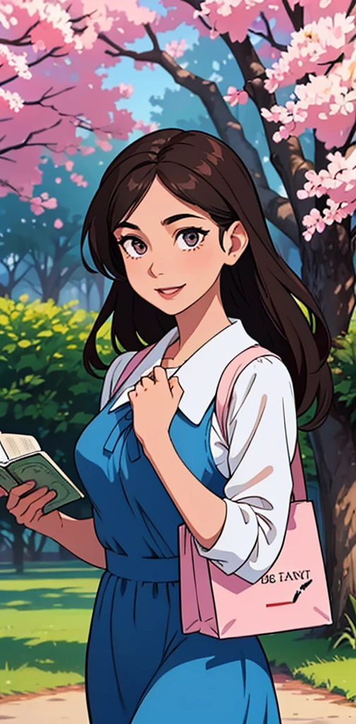 Woman. dark hair. long hair, eyes browns, wearing a blue formal dress, walking in a park, carrying a medium-sized bag with magazines, libero, light pink lipstick, expression of happiness, holding a bible in his right hand,  (Friendly expression on the face), (well-detailed face), sunny day, (ultra detaild) ((best qualityer)) Jehovah's Witness, Christian, talking about the Bible 